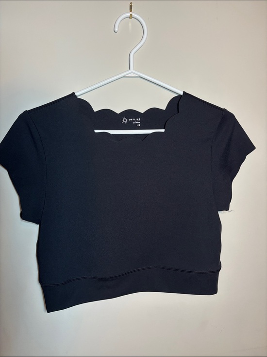 aerie Tops - aerie Black Scallop-Neck Crop Tee